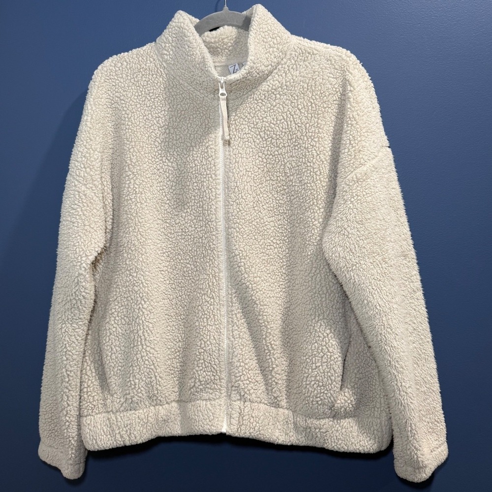 Zella Women's XL Cream Ivory Sherpa Fleece Full Zip Jacket High Neck Cozy